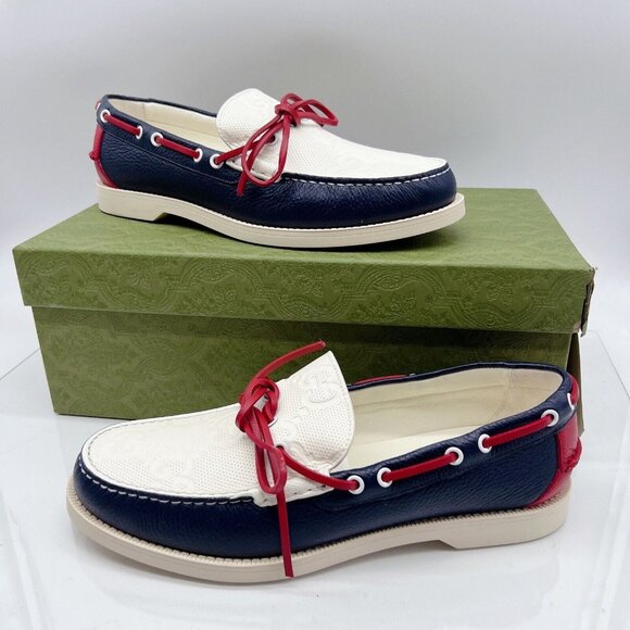 Gucci Riverside Leather Boat Shoe Loafer Moccasin Blue Mens UK 9 US 9.5 $890 - Picture 3 of 13